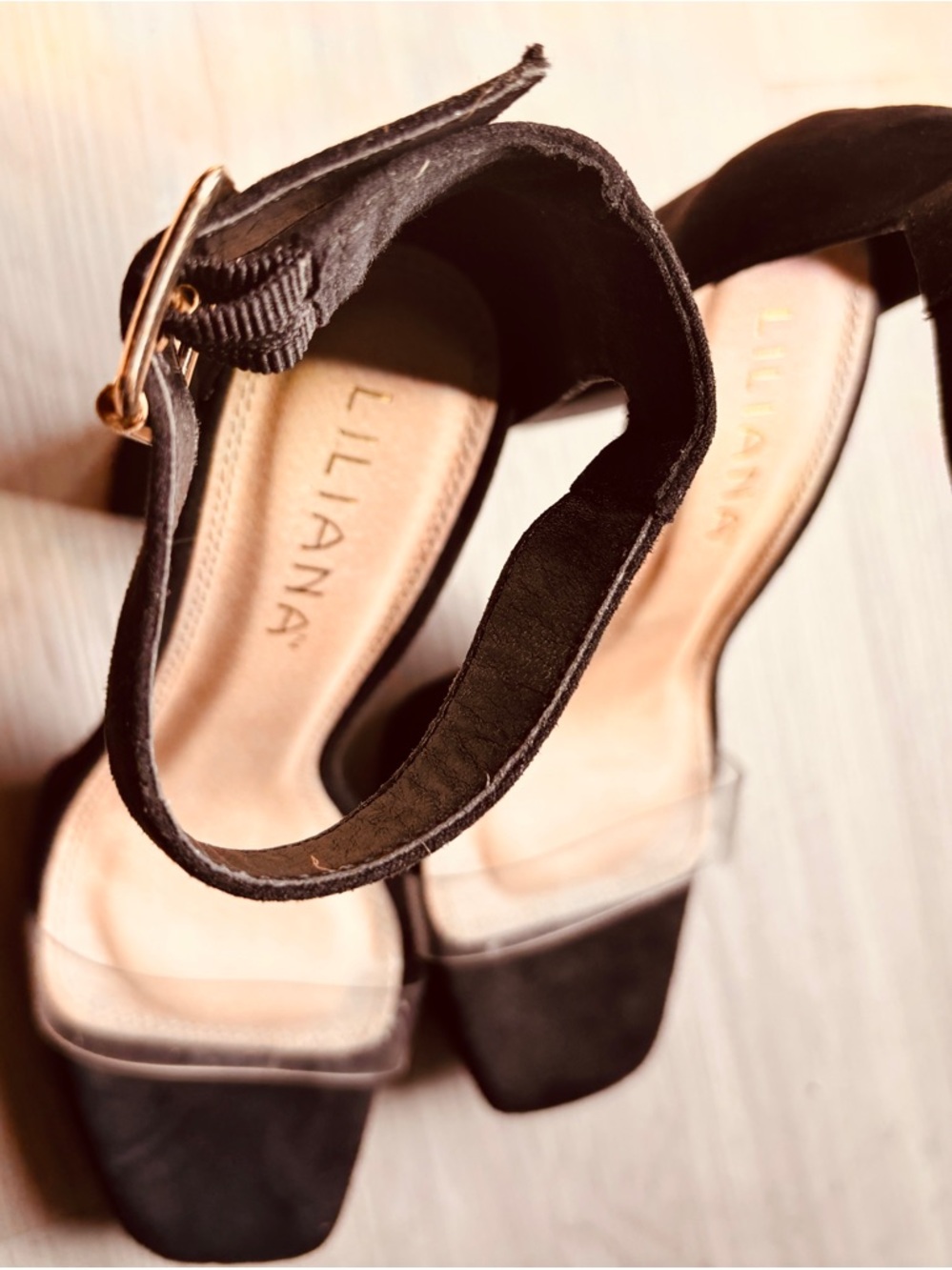 Liliana Black Block Heel Sandals with Clear Toe Strap-5.5 inch heel